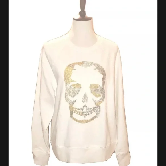 🎉HP🎉NEW Zadig And Voltaire White Upper Gold/Slv Glitter Skull Sweatshirt Sz M✨ - Picture 4 of 13